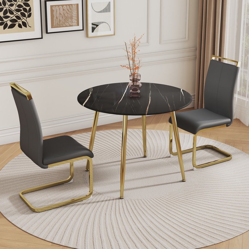 Black Marble Round Table Set for 2, 40 inch Black Dining Table with Gold Legs and Padded Dining Chairs for Meeting Room, Kitchen, Grey