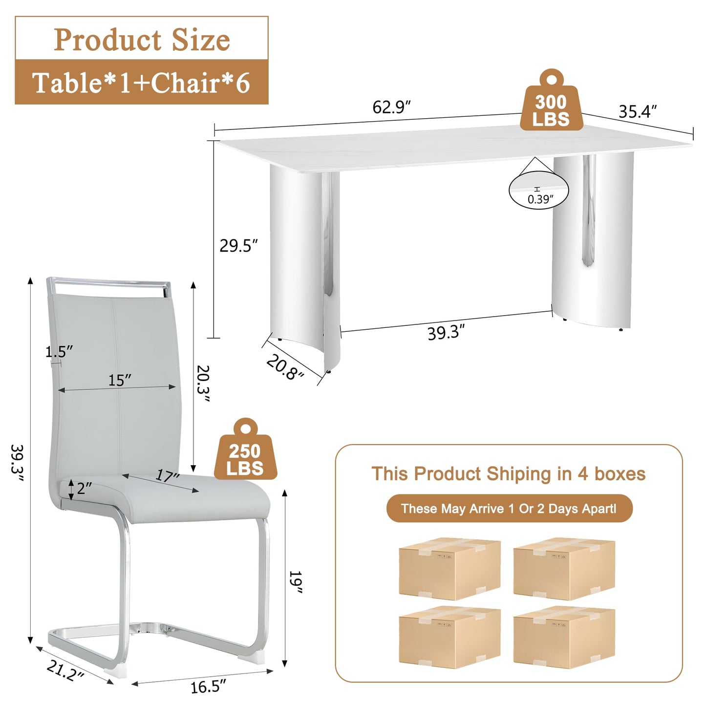 Dining Table Set for 6£¬Sudica 63" Faux Marble White Rectangular Dining Table and Upholstered PU Leather Dining Room Chairs for Kitchen,Light Gray