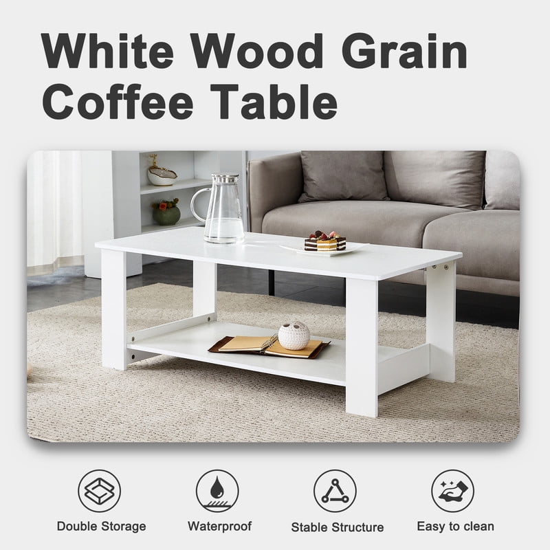 Sudica 43.3 inch Coffee Table with Storage Shelf Rectangular Rustic Wood Cocktail Table for Living Room,White