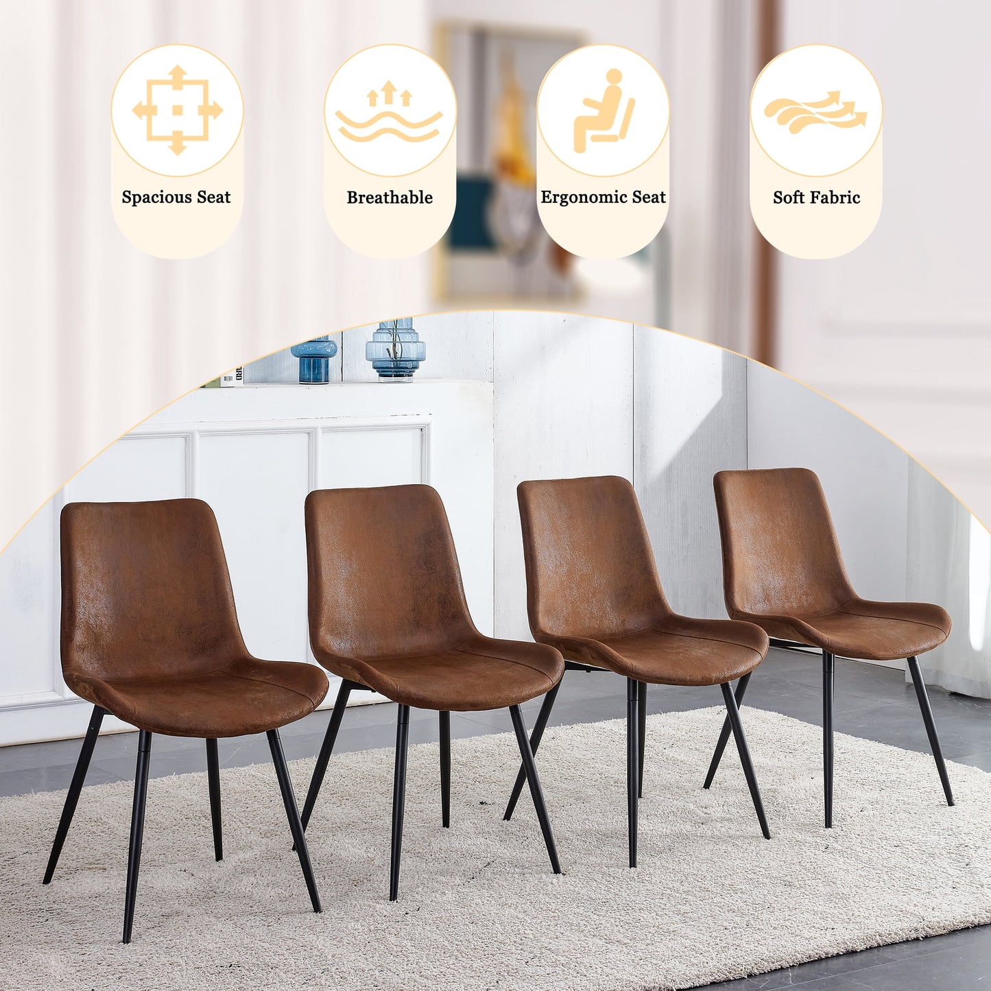 Dining Chairs Set of 6, Sudica Faux Leather Dining Room Chairs with Metal Legs Wide Seat Kitchen Chair,Brown