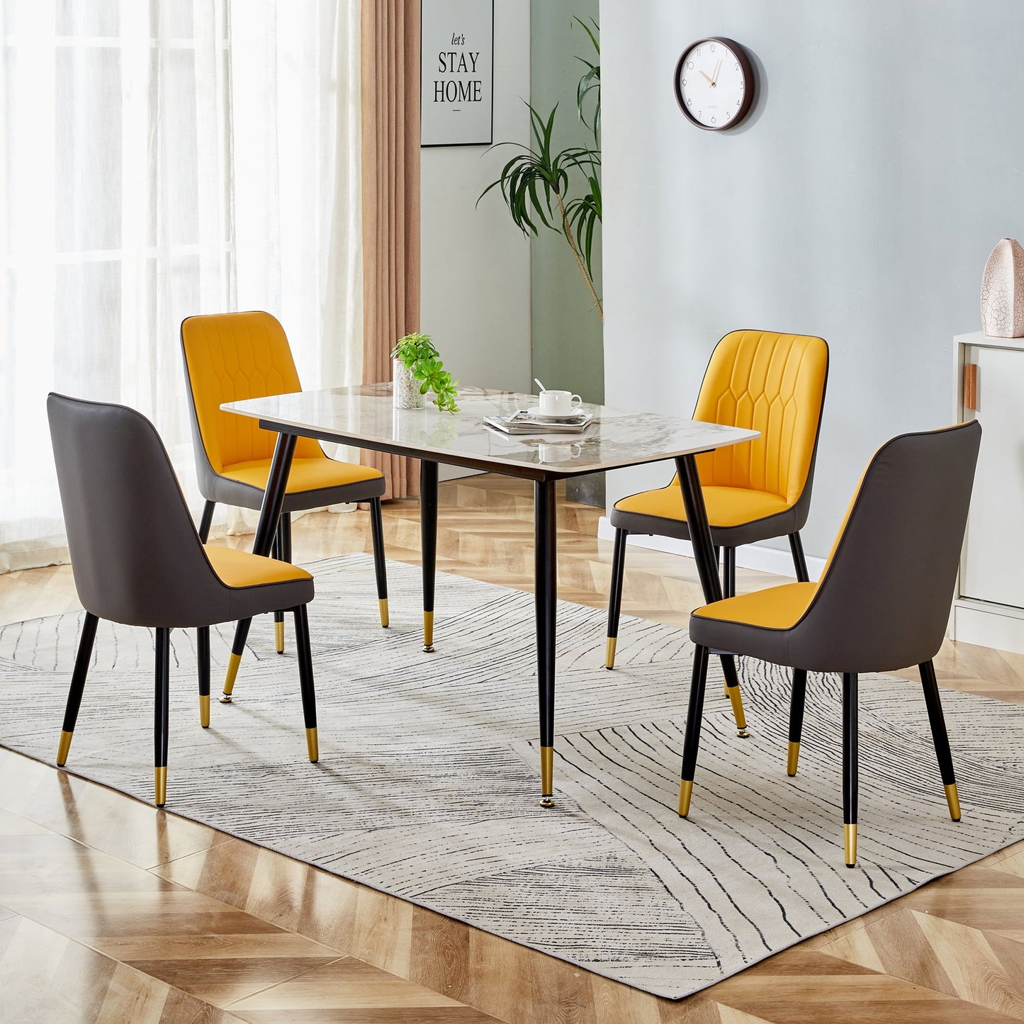 Sudica 5-Piece Dining Table Set,White Faux Marble Dining Tabletop with 4 Faux Leather Dining Room Chairs, Yellow