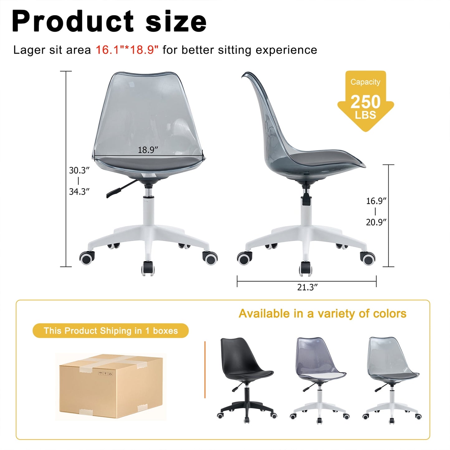 Sudica Acrylic Office Chair with PU Padded Seat Clear Rolling Desk Chair for Bedroom, Gray