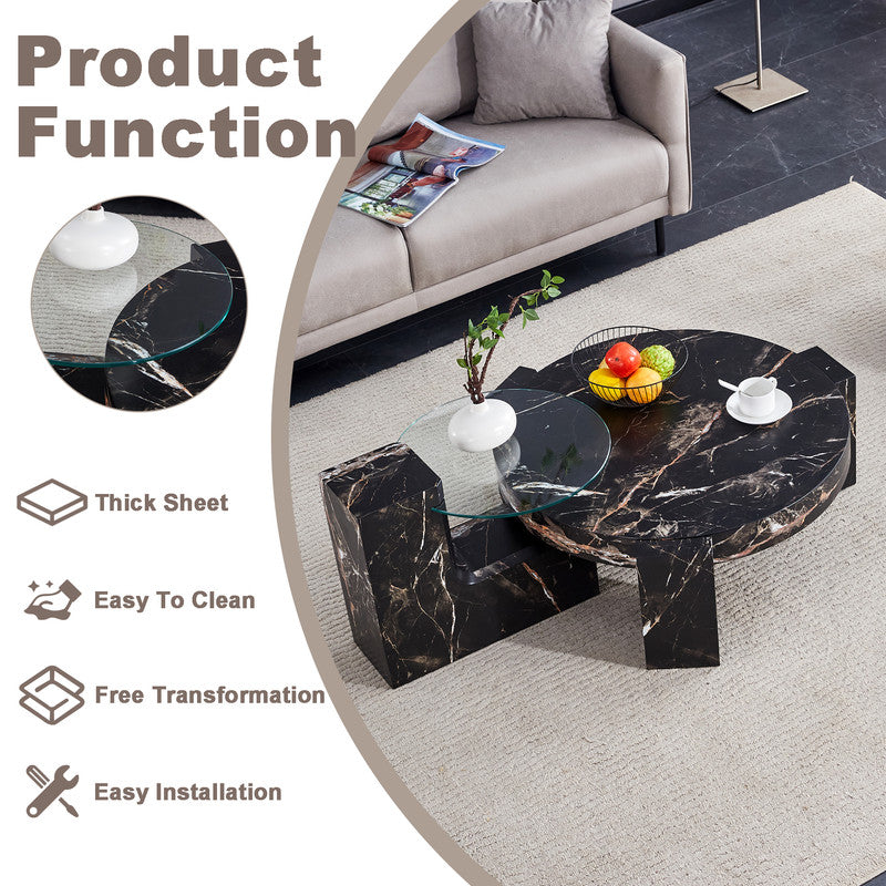 Sudica Detachable Double-decker Coffee Table，30 inch Round Tea Table with Black Faux Marble Base,Center Table for Living Room