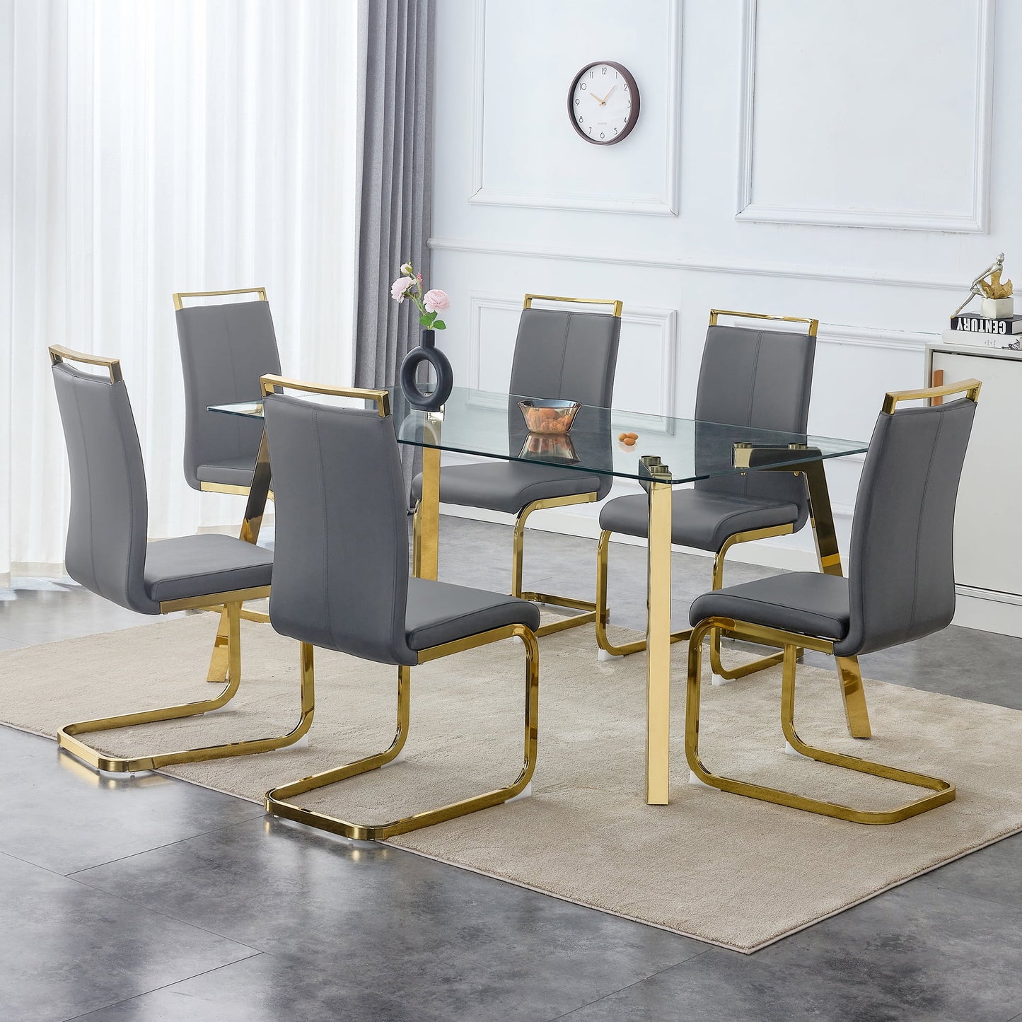 63" Large Glass Dining Table Set for 6, Sudica Gold Legs Kitchen Table with Faux Leather Dining Chairs,Gray