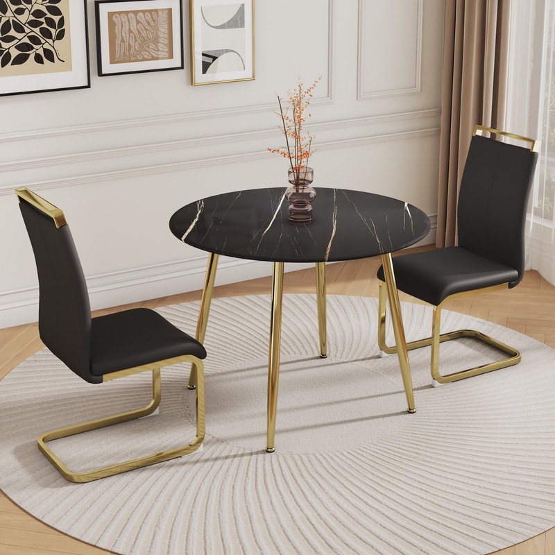 Black Marble Round Table Set for 2, 40 inch Black Dining Table with Gold Legs and Padded Dining Chairs for Meeting Room, Kitchen, Black