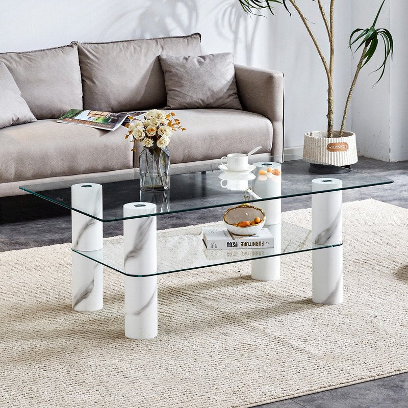 Modern Minimalist Double Layered Transparent Tempered Glass Coffee Table,47 inch Sudica Rectangular Tea Table with White Legs