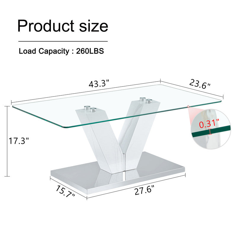 Sudica Modern Coffee Table with Tempered Glass Tabletop, 43 inch Tea Table with White V Shape Base for Living Room