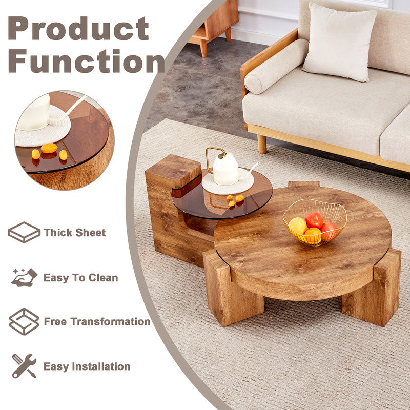 Sudica Detachable Double-decker Coffee Table，30 inch Round Tea Table with Wood Grain Base,Center Table for Living Room