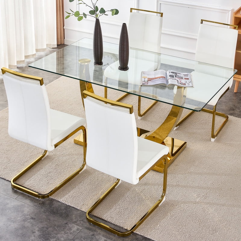 Sudica Modern Glass Dining Table, 63 inch Large Dining Room Table with Golden U shape Base for Kitchen