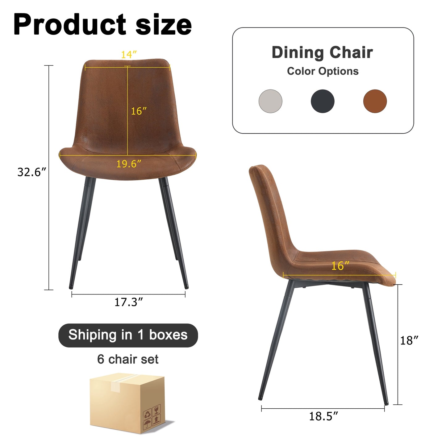 Dining Chairs Set of 6, Sudica Faux Leather Dining Room Chairs with Metal Legs Wide Seat Kitchen Chair,Brown