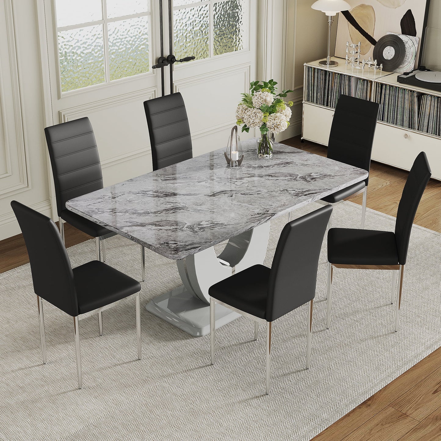 Marble Dining Table Set for 6, Sudica Kitchen Table and Chairs with Faux Marble Table Top and Black PU Leather Dining Room Chairs