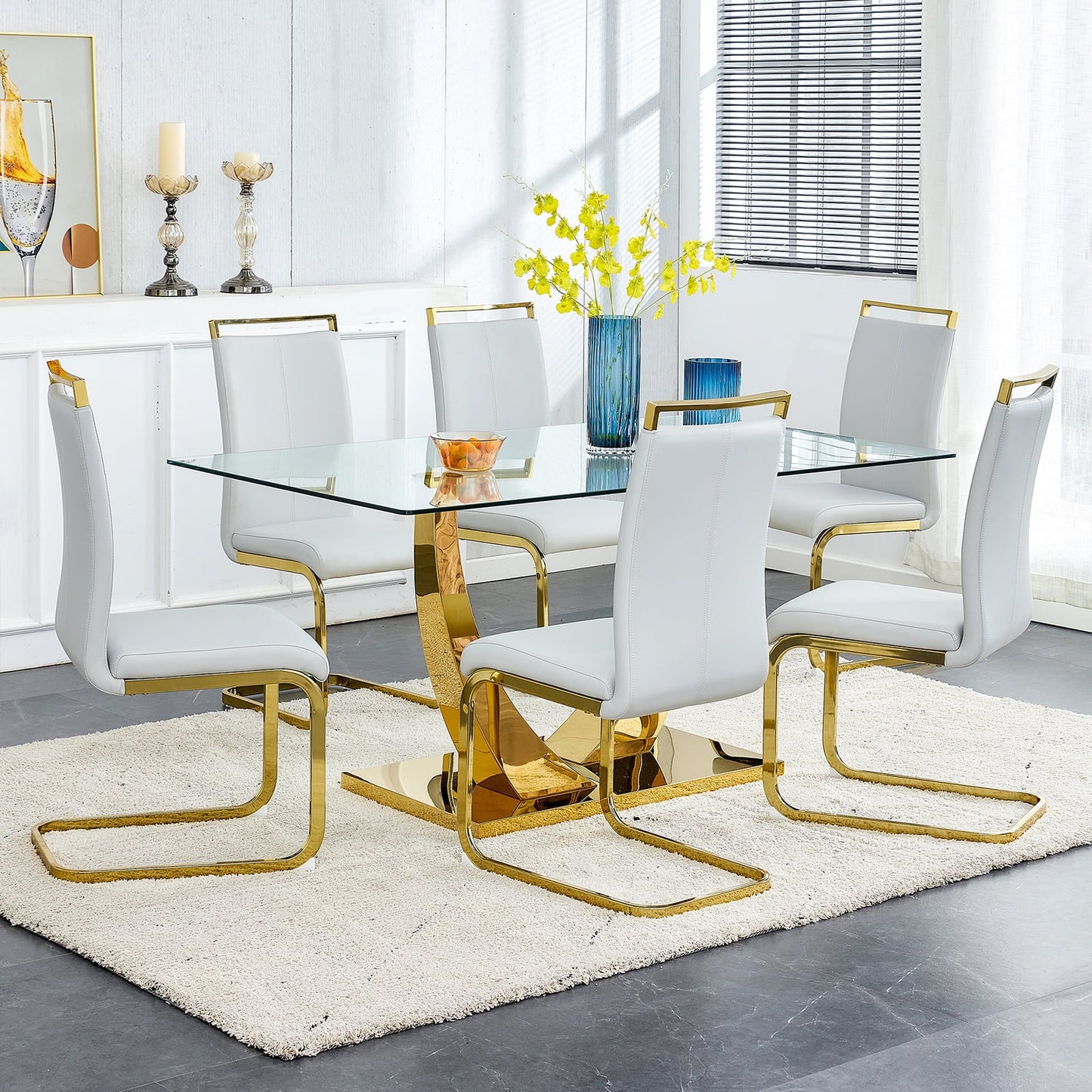 Glass Dining Table Set for 6, Sudica 63"Rectangular Dining Room Table and Leather Dining Chairs Set with Chrome Gold Legs, Light Gray