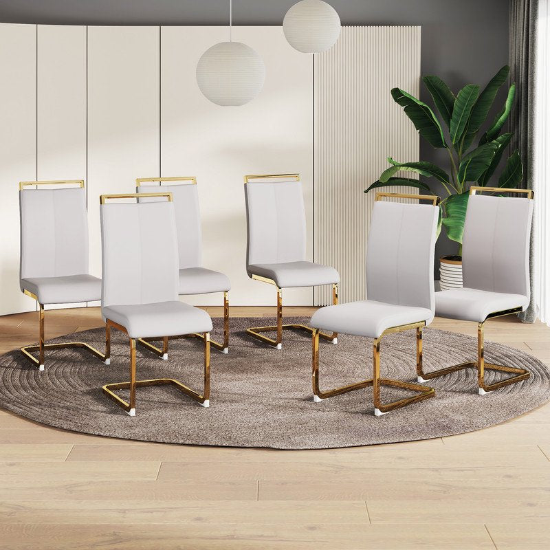 Modern Dining Chairs Set of 6 Sudica Faux Leather Dining Room Chairs with Golden Legs High Back Chair,Light Grey