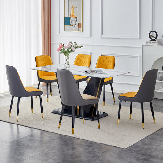 Sudica 63" Dining Table Set 7-Piece Marble Rectangular Kitchen Table & 6 Faux Leather Padded Dining Chair Set, Yellow