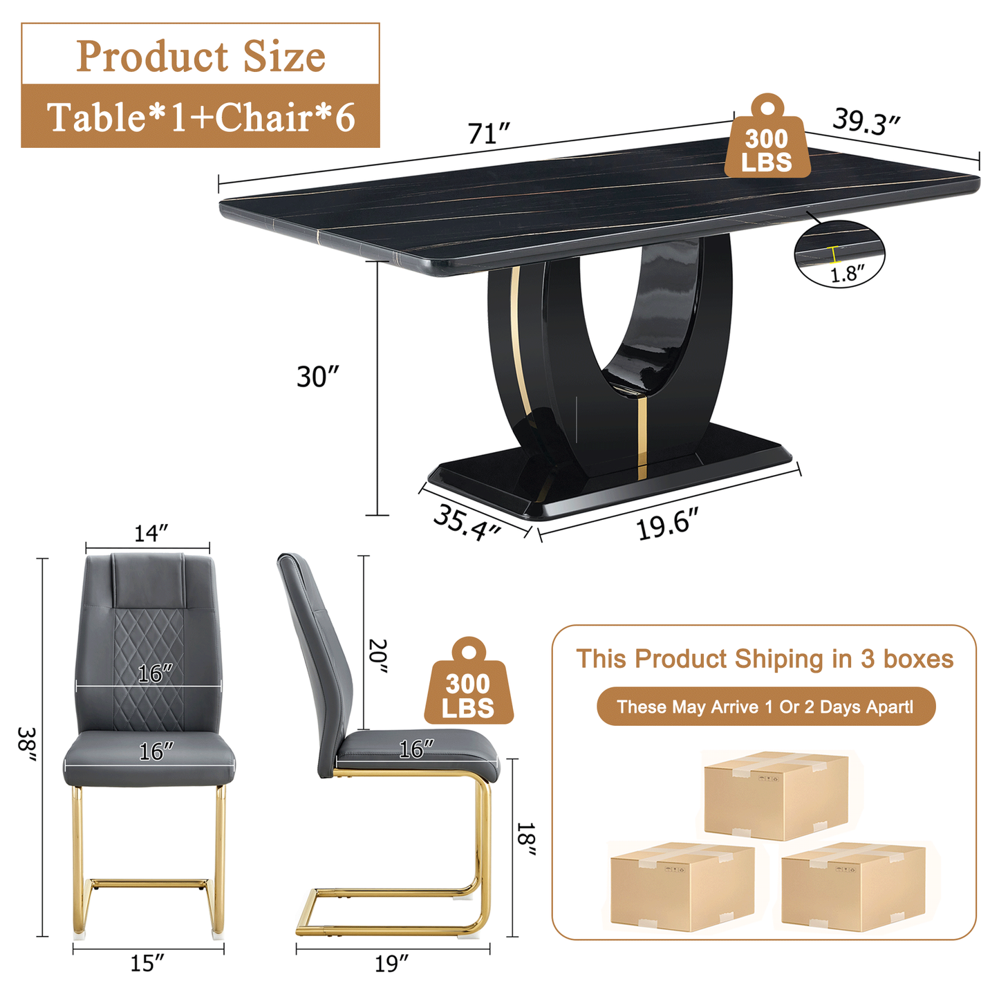 Sudica Marble Dining Set, Large Kitchen Table with 6 Gold Legs Dining Chairs 71" Modern Dining Table Set for Home,Gray