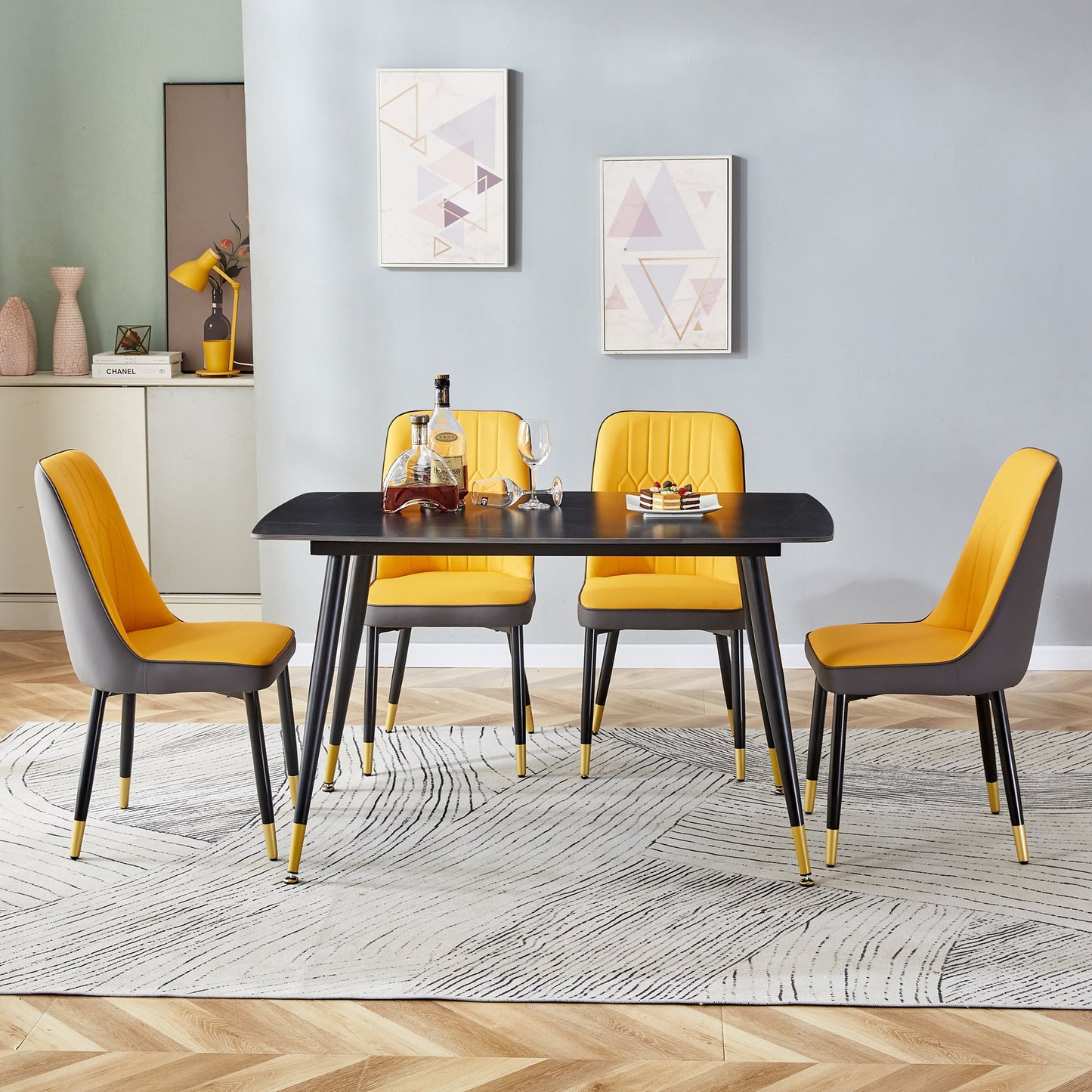 Sudica 5-Piece Kitchen Dining Table Set,Black Faux Marble Dining Tabletop with 4 Faux Leather Dining Room Chairs, Yellow