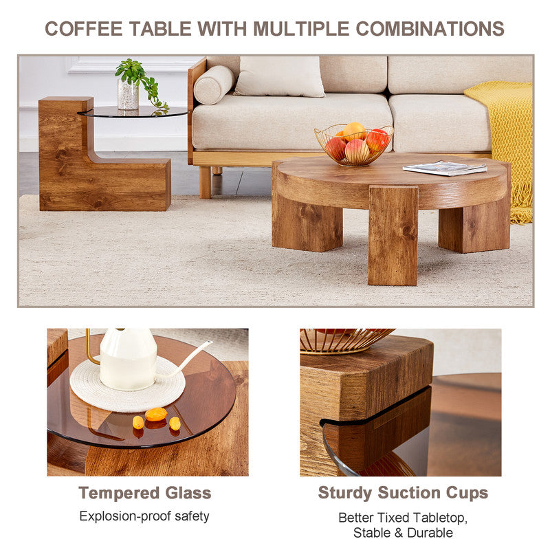 Sudica Detachable Double-decker Coffee Table，30 inch Round Tea Table with Wood Grain Base,Center Table for Living Room