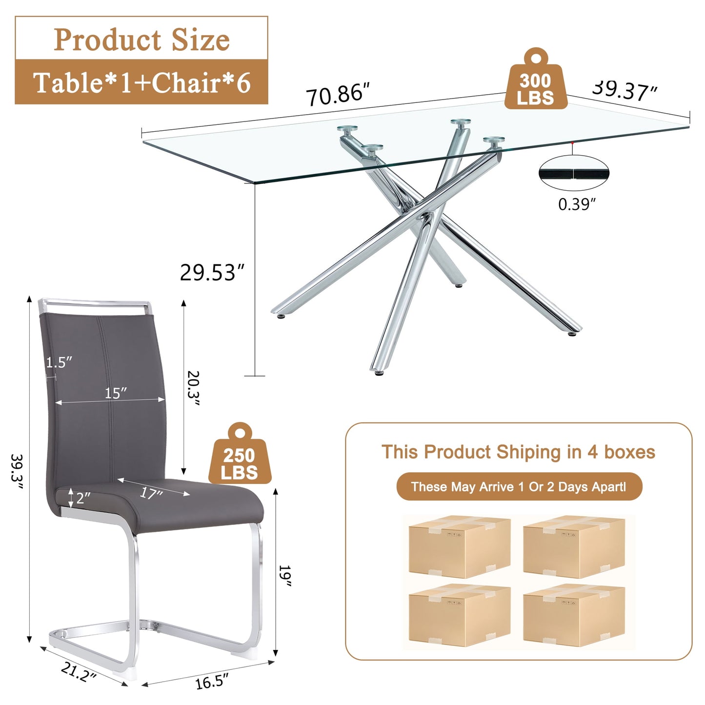 Sudica Glass Dining Table Set for 6, 71" Large Rectangular Kitchen Glass Dinner Table with Upholstered Silver Legs Dining Room Chairs, Gray