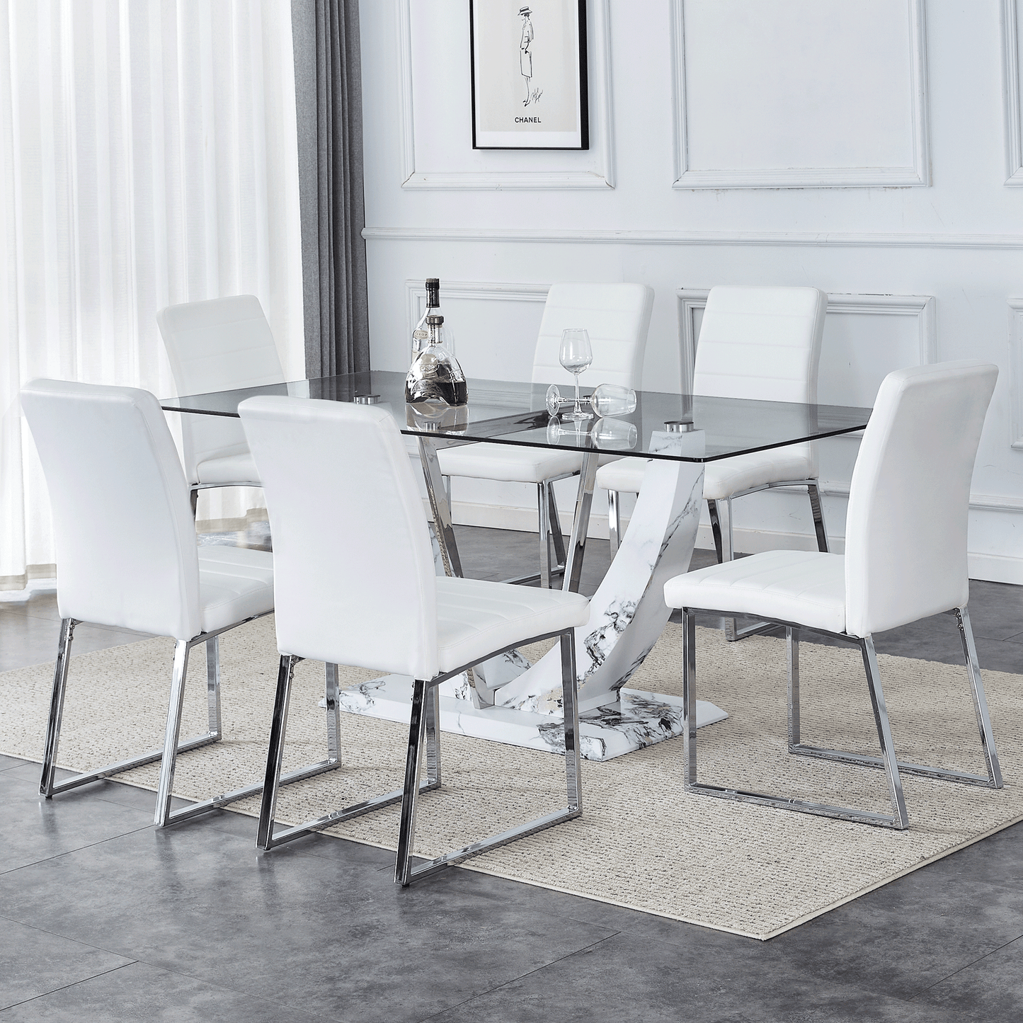 Sudica 7 Pieces Dining Set, 71" Large Glass Dining Table with Marble U Shape Base, White PU Leather Kitchen Chairs