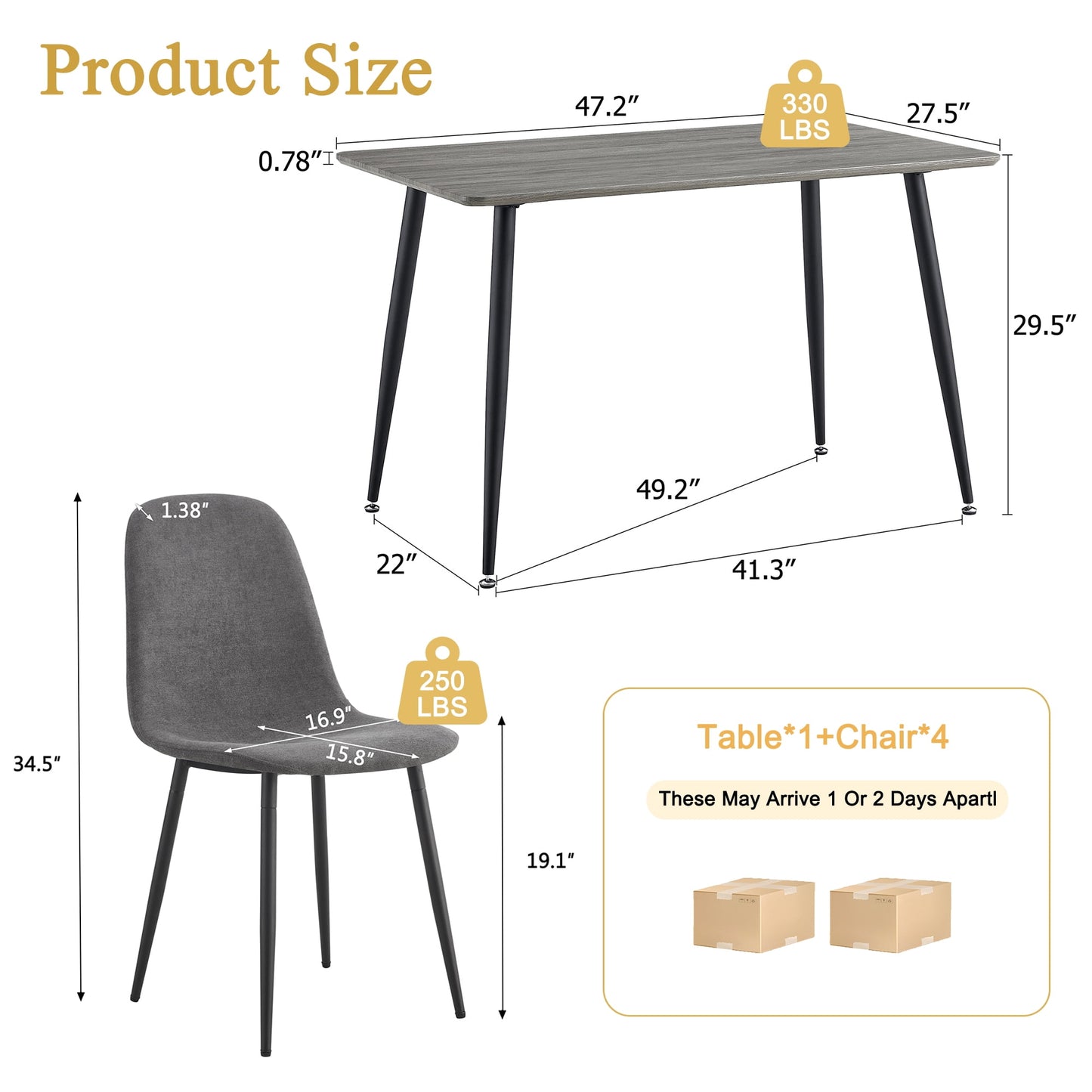 Sudica Compact Wood Table and Chair Set for 4, Modern 47.2" Dining Table with Gray Velvet Kitchen Chairs