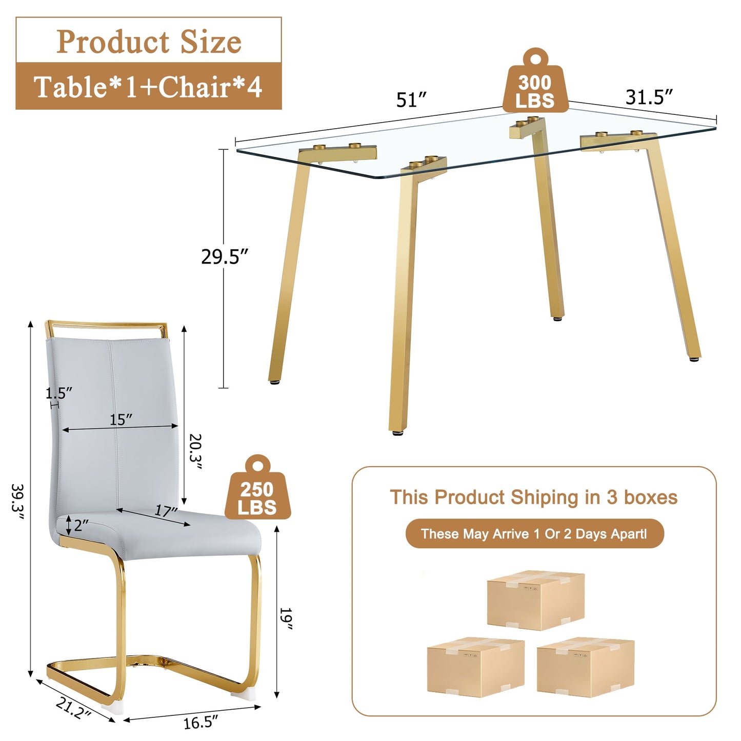 Sudica Compact Dining Table Set for 4, 51" Glass Dining Table with Gold Legs PU Leather Kitchen Chairs,Light Gray