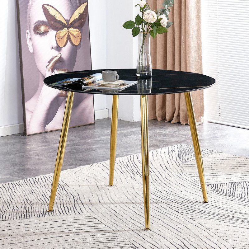 40 Inch Round Marble Dining Table for 4, Sudica Black Marble Table with Gold Legs Compact Kitchen Table for Living Room