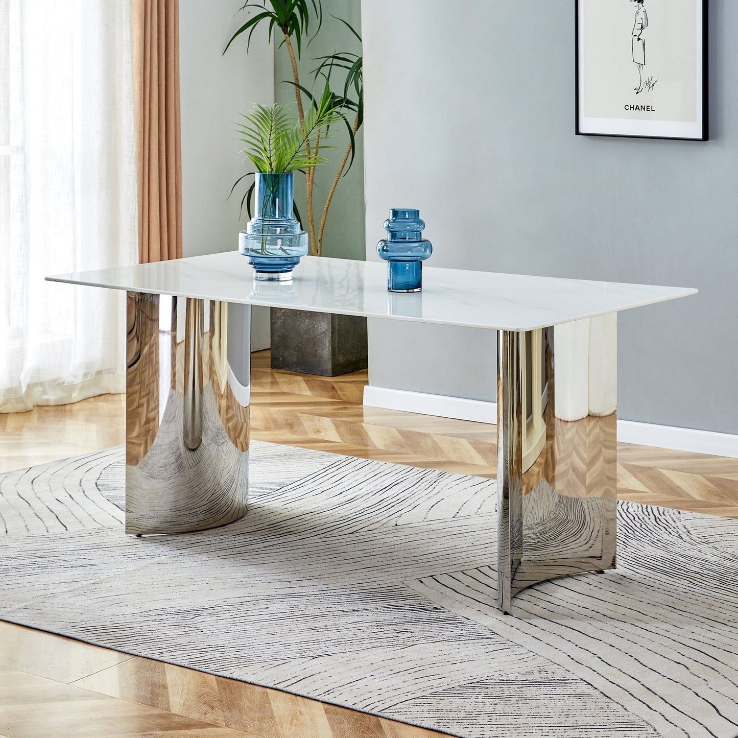 Sudica Marble Dining Table,63" MDF Kitchen Table with Chrome Plate Metal Base for 4-6 People,White