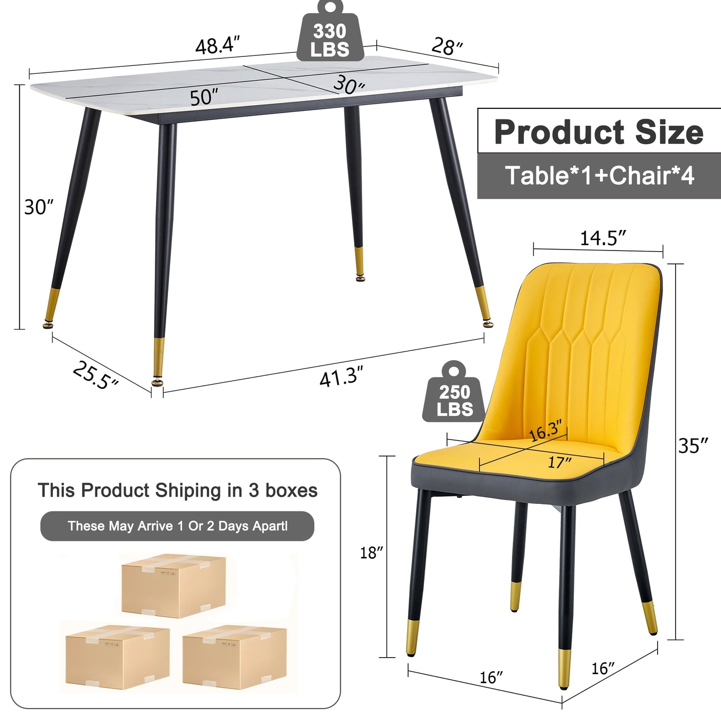 Sudica 5-Piece Compact Dining Table Set,White Dining Tabletop with 4 Faux Leather Dining Room Chairs, Yellow