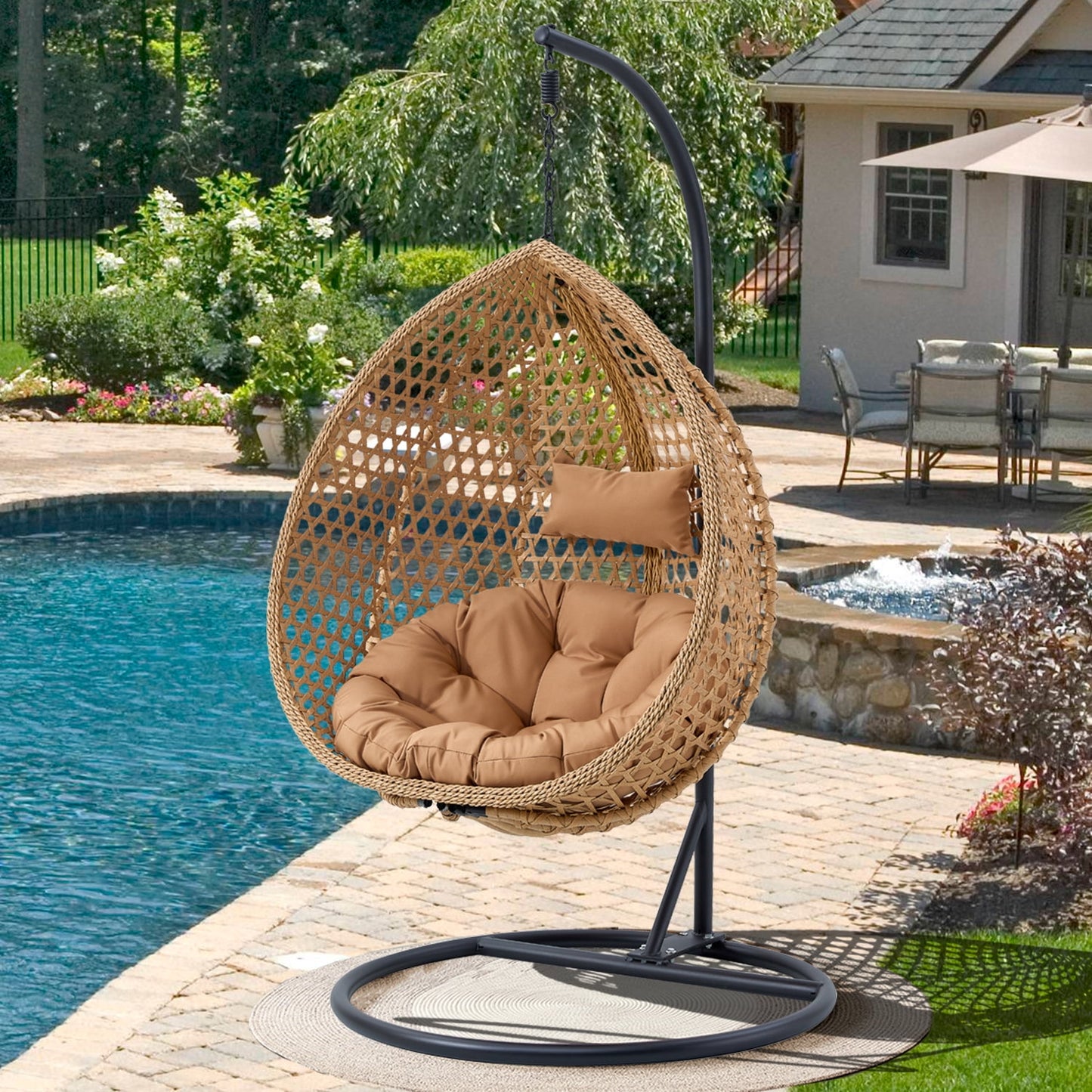 Sudica Egg Swing Chair with Stand Patio Soft Cushion Rattan Wicker Hanging Egg Chair for Bedroom, Garden 350lbs Capacity, Light Browm