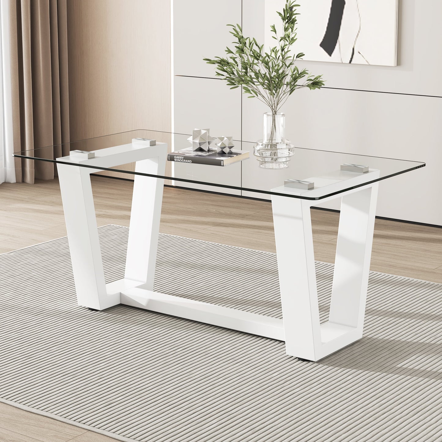 Sudica Glass Dining Table 63" Rectangular Tempered Glass Kitchen Table with White MDF Legs for Dining Room