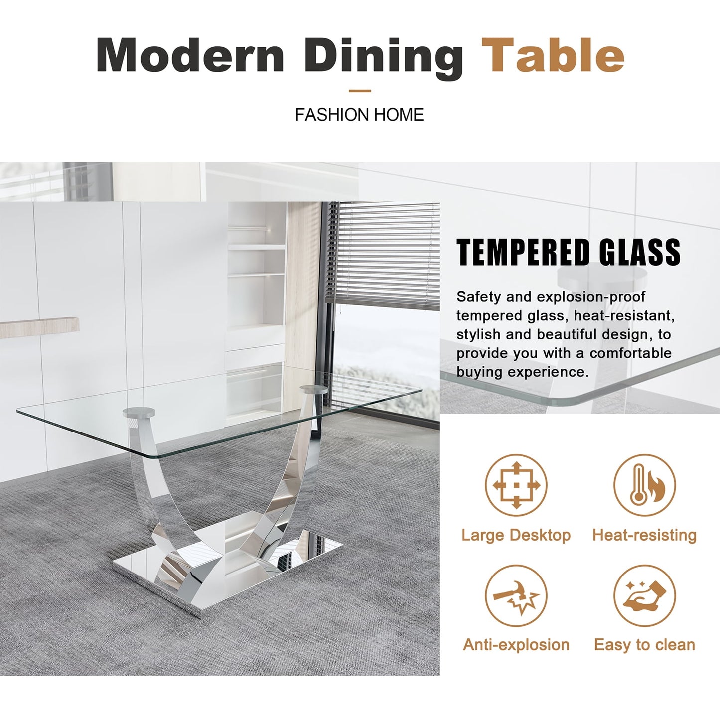 Glass Dining Room Table Set for 6, Sudica 63"Modern Kitchen Glass Dinner Table Set with 6 Upholstered Dining Chairs, Light Gray