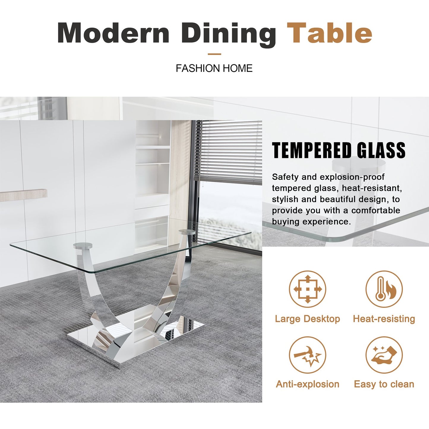 Glass Dining Room Table Set for 4, Sudica 63"Modern Kitchen Glass Dinner Table Set with 4 Upholstered Dining Chairs, Gray