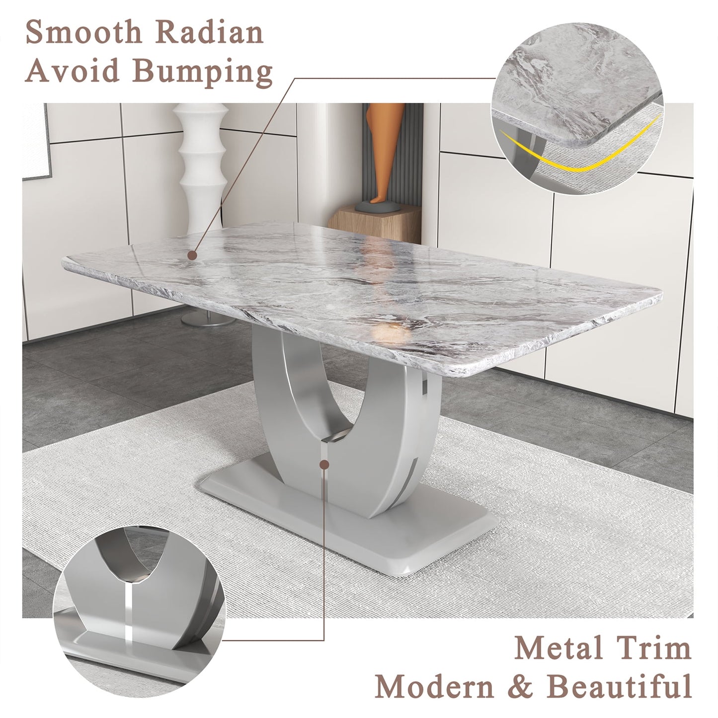 63" Marble Dining Table for 6 £¬Sudica Faux Marble Dining Room MDF Table with U-Shaped Bracket Support, Gray