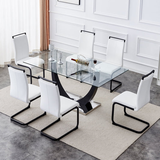 7-Piece 67"Glass Dining Table Set, Sudica Modern Table & Chair Set with 6 PU Leather Padded Dining Chairs, White