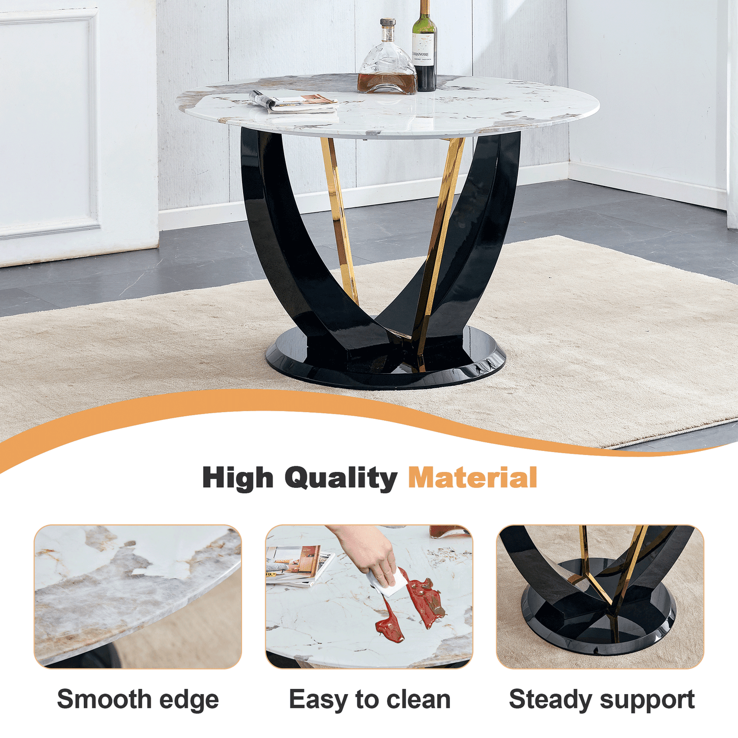 Sudica Round Dining Set for 4, 48" Round Marble Dining Table with PU Leather Dining Chairs, Gold Legs, Black