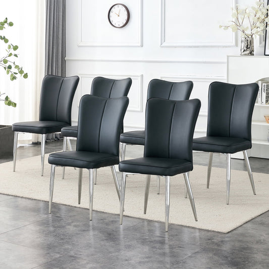 Sudica Modern Dining Chairs Set of 6, Upholstered Leather Kitchen Chairs with Metal Legs, Black