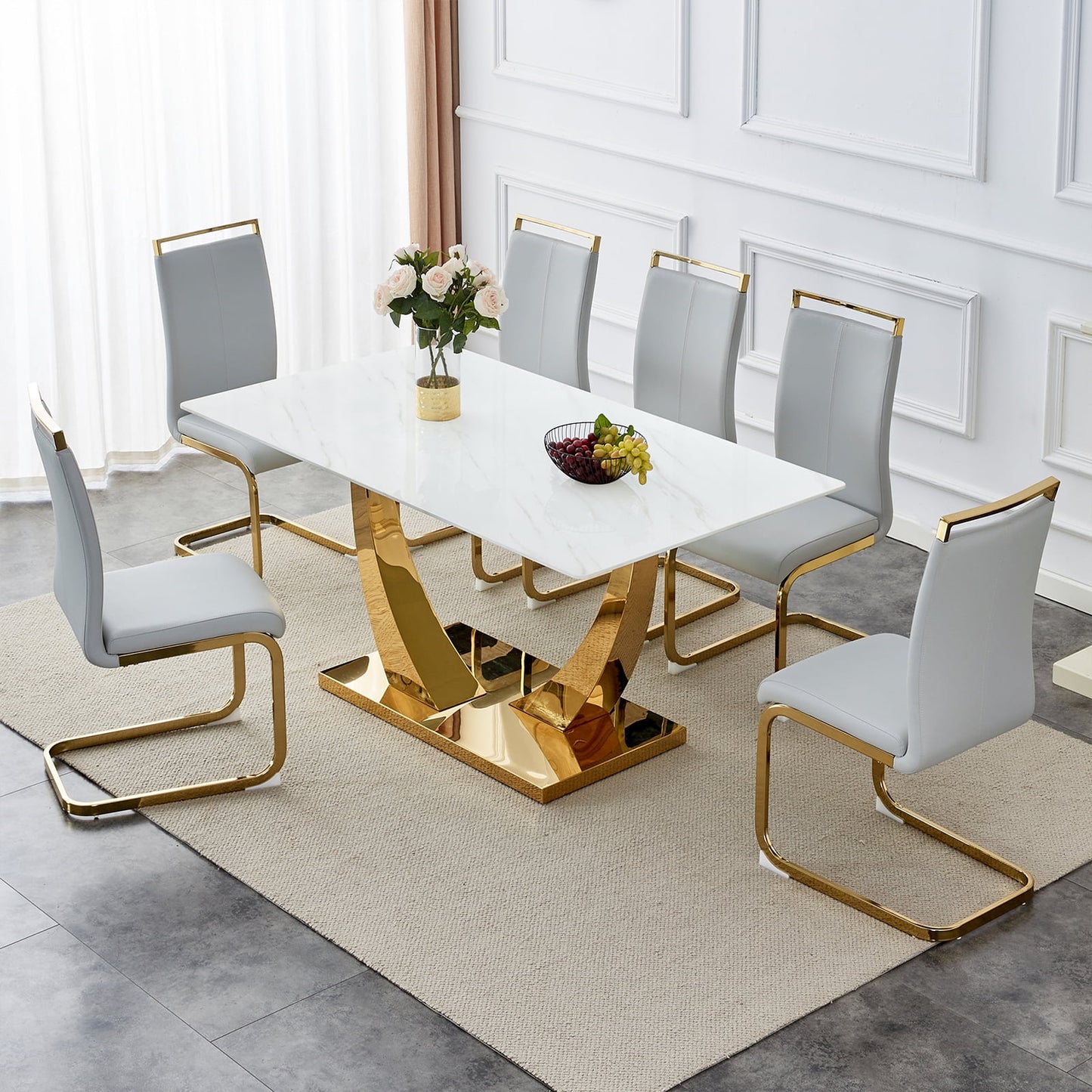 Dining Table Set for 6, Sudica Rectangular Faux Marble Kitchen Table with 4 Leather Gold Legs Dining Chairs,Light Gray