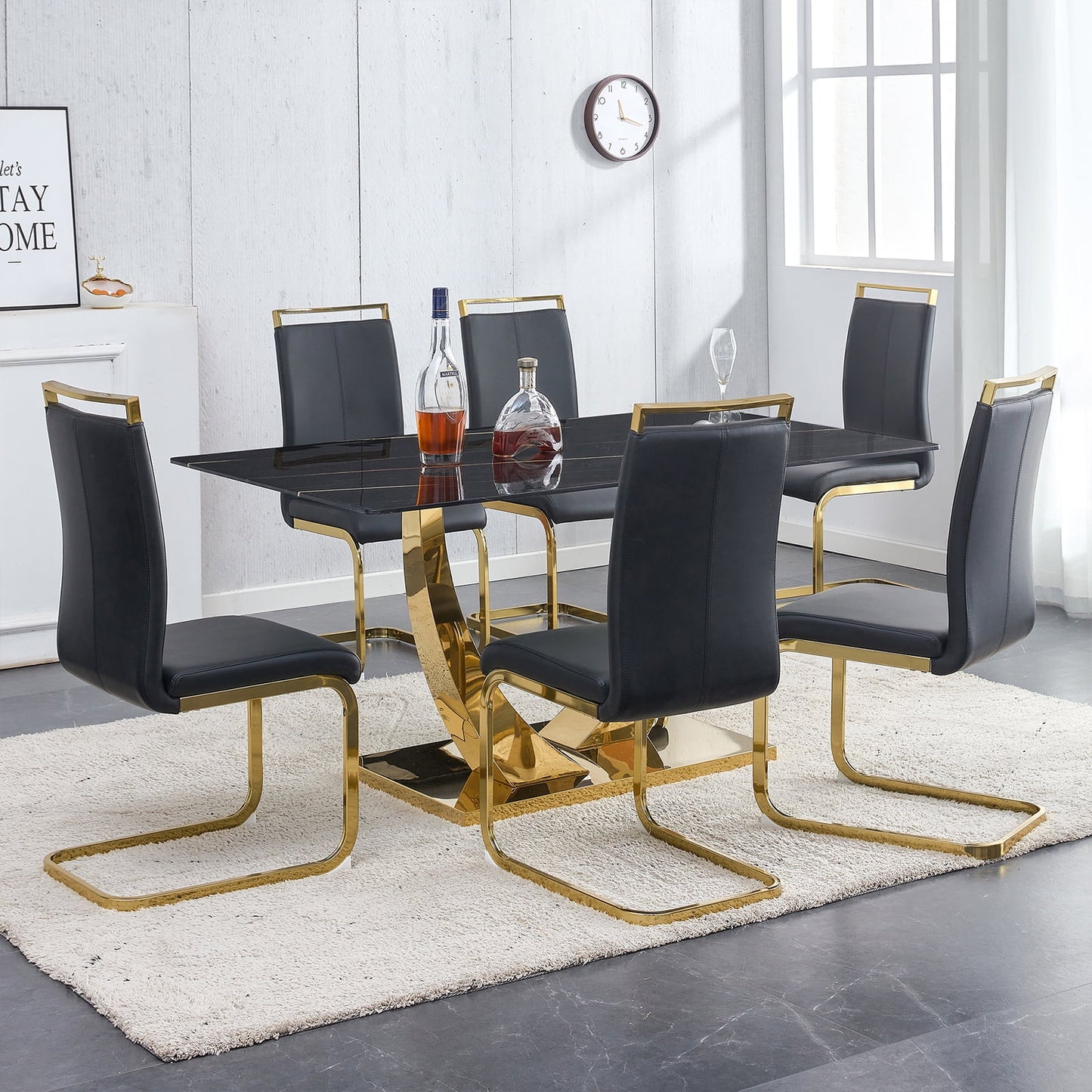 7-Piece Dining Table Set, Sudica Rectangular Faux Marble Kitchen Table with 6 Leather Gold Legs Dining Chairs, Black