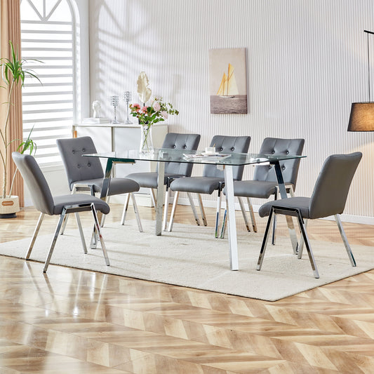 Sudica Dining Set for 6, Glass Rectangular Kitchen Table Set with Upholstered Faux Leather Dining Room Chairs,Gray