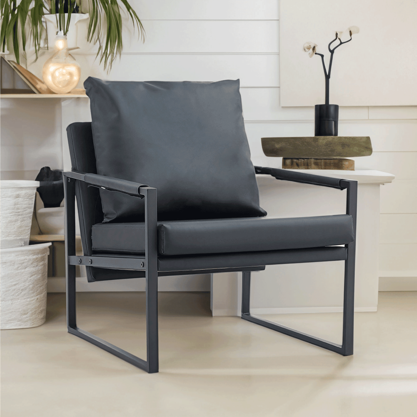 Faux Leather Modern Accent Chair with Metal Frame Living Room Armchair, Black