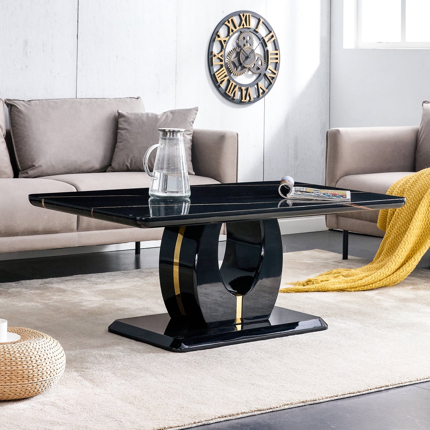 Marble Coffee Table Sudica Modern Rectangular Center Table with U-Shape Base for Living Room, Black