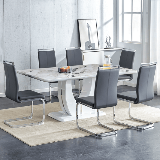 Sudica White Dining Table Set for 6, 71" Marble Kitchen Table with PU Leather Dining Room Chairs, Gray