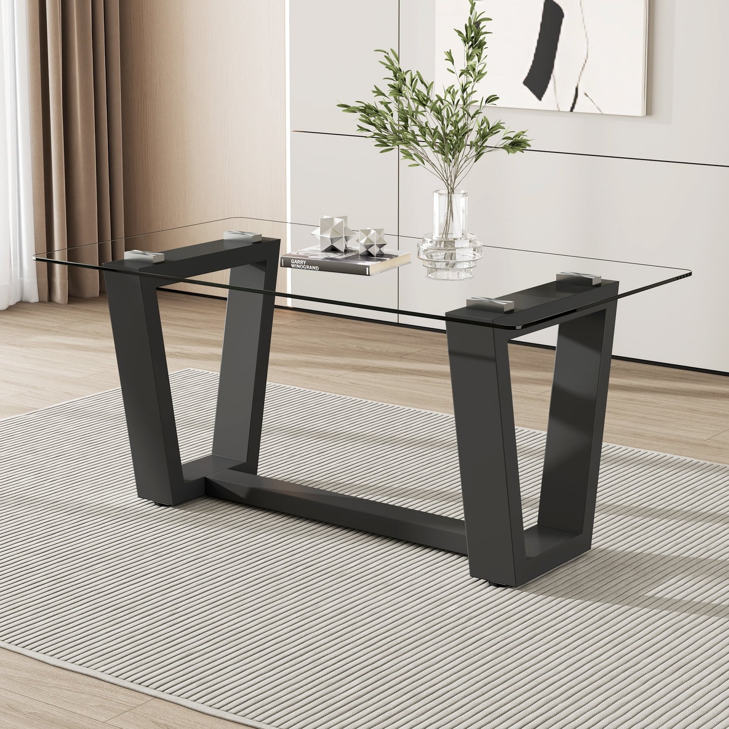 Sudica Glass Dining Table 63" Rectangular Tempered Glass Kitchen Table with Black MDF Legs for Dining Room