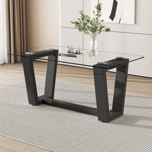 Sudica Glass Dining Table 63" Rectangular Tempered Glass Kitchen Table with Black MDF Legs for Dining Room