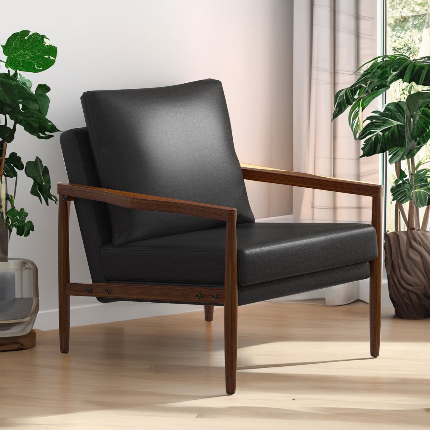 Sudica Wooden Accent Chair Set of 2, Mid-Century Modern Padded Armchair with Wood Legs Small Sofa for Living Room,Black