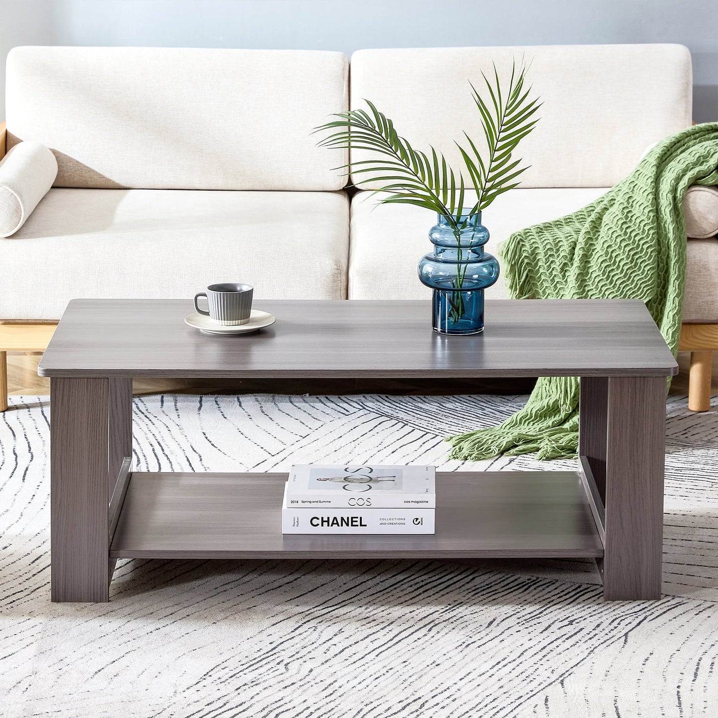 Sudica 43.3" Coffee Table with Storage Shelf Rectangular Rustic Wood Cocktail Table for Living Room,Gray