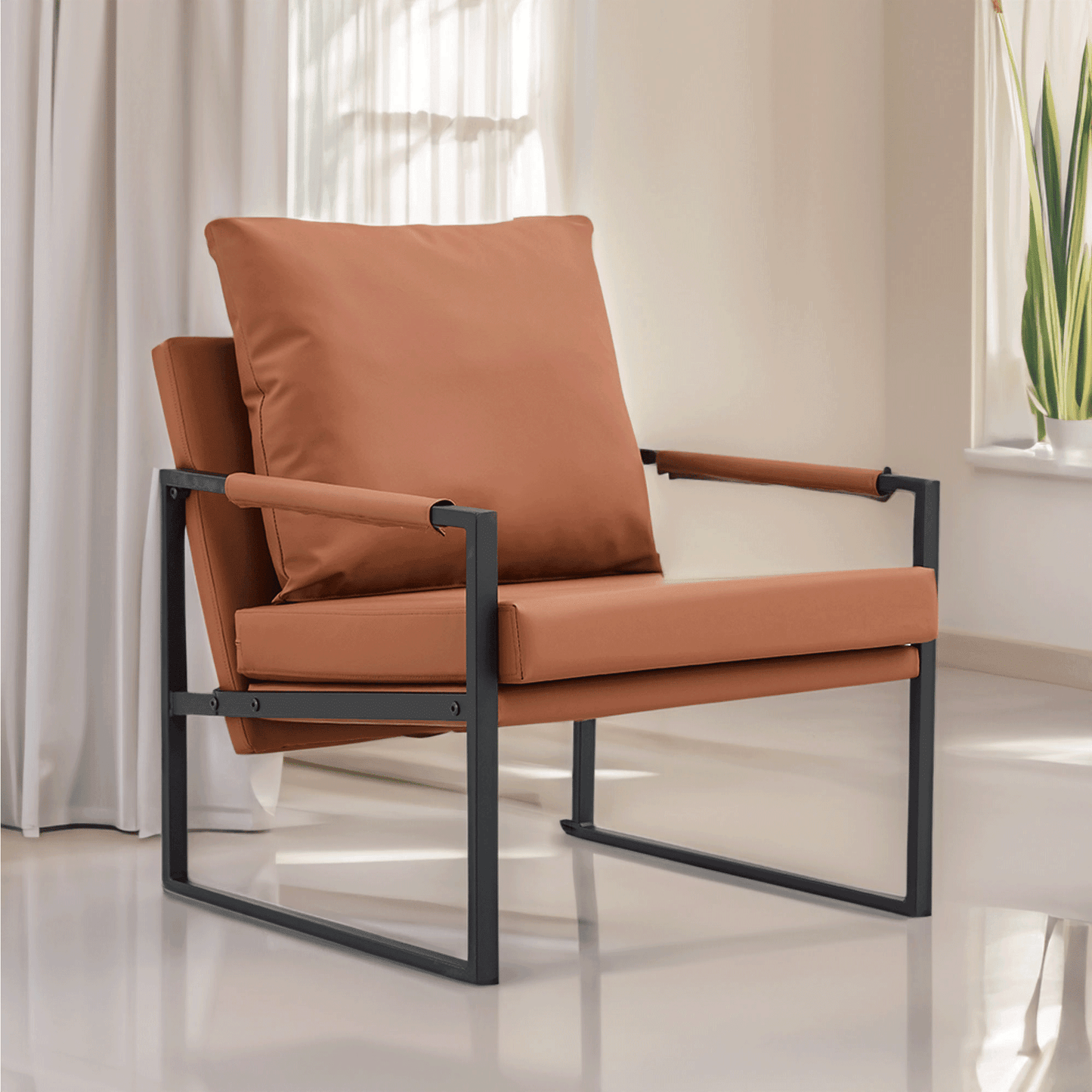 Mid-Century Accent Chair Metal Frame Faux Leather Reading Arm Chair for Living Room and Bedroom, Brown