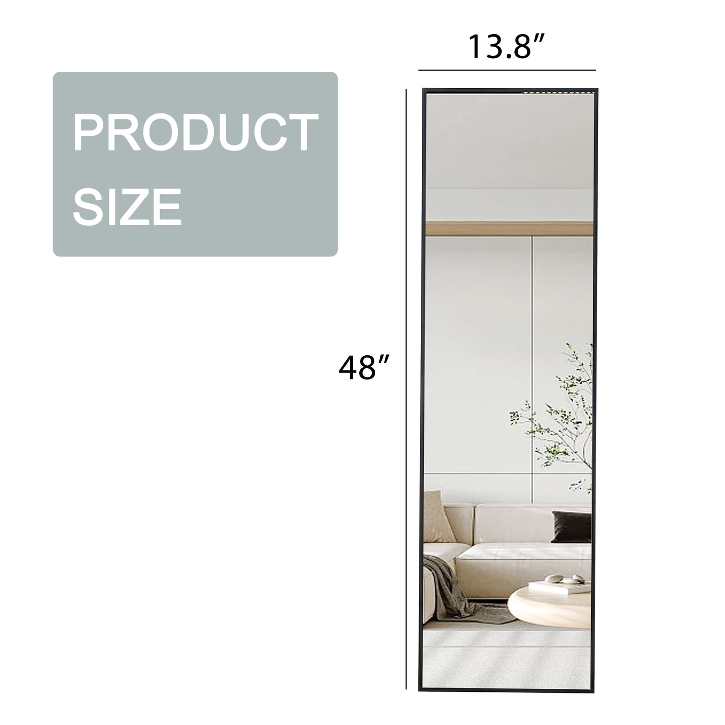 Sudica Full Length Mirror with Stand 48 inches X 13.8 inches Rectangular Bedroom Wall Body Mirrors, Black Metal Frame