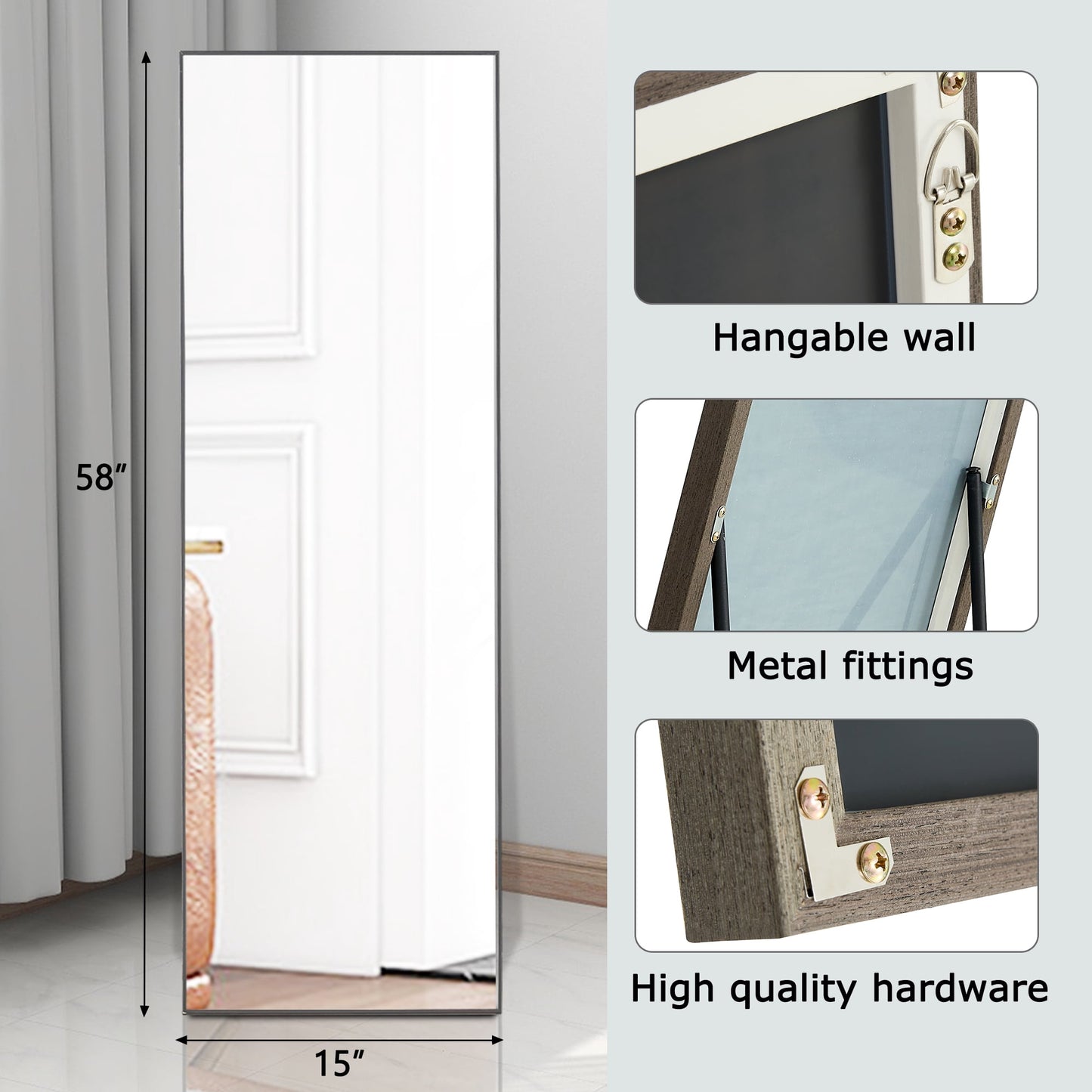 Sudica Full Length Floor Mirror 58"x 15" Rectangler Wooden Bedroom Standing Mirror, Gray