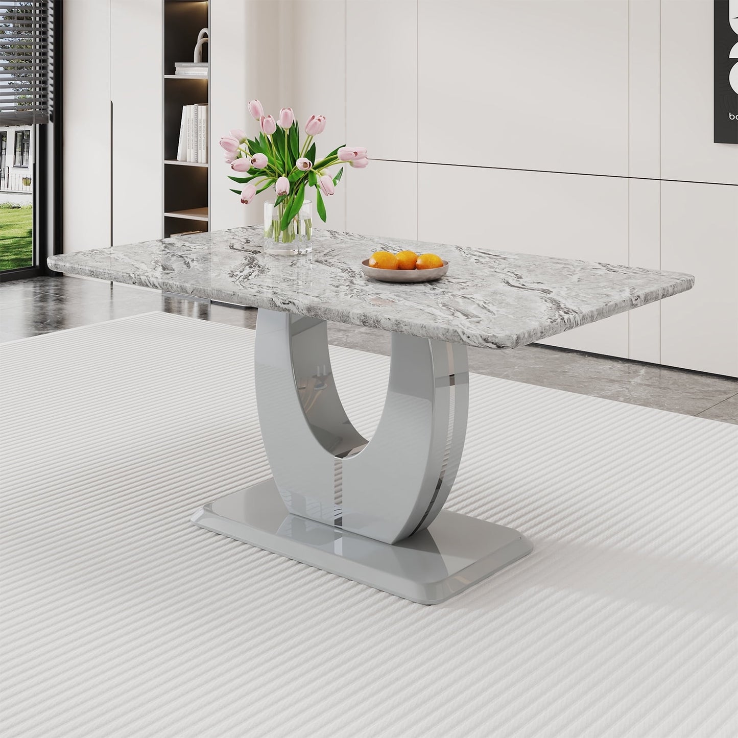 63" Marble Dining Table for 6 £¬Sudica Faux Marble Dining Room MDF Table with U-Shaped Bracket Support, Gray